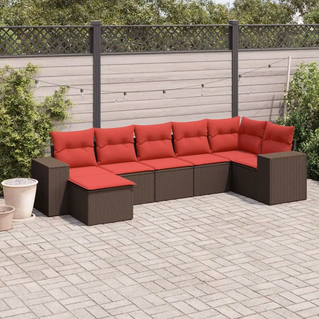 Set di divani da giardino vidaXL 7 pezzi in polyrattan marrone con cuscini e pouf con struttura in metallo e tessuto resistente ai raggi UV