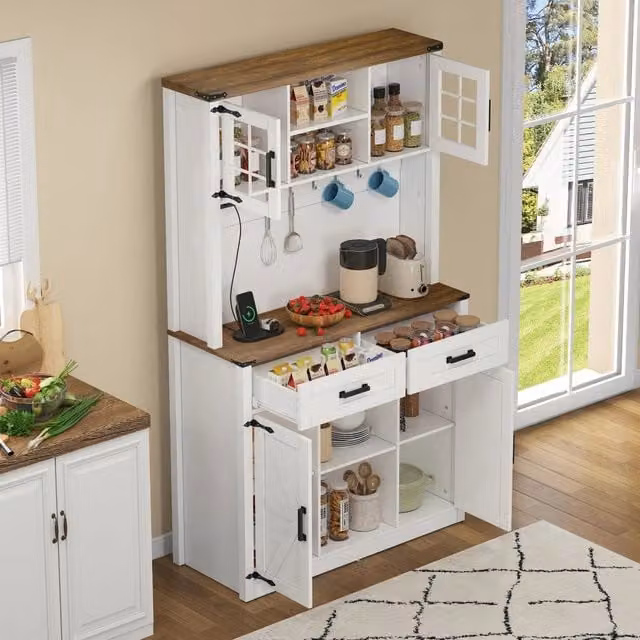 Mobile bar con LED a colori, 2 prese, 2 cassetti e ripiani regolabili, per cucina e soggiorno, in MDF, marrone bianco