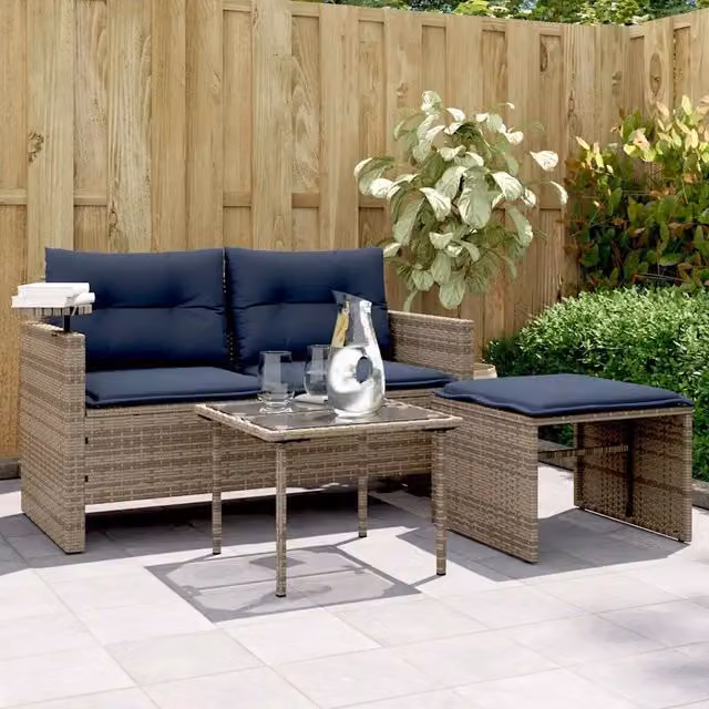 Set da giardino vidaXL in polyrattan composto da divano a 2 posti, pouf e tavolino con cuscini blu e grigi