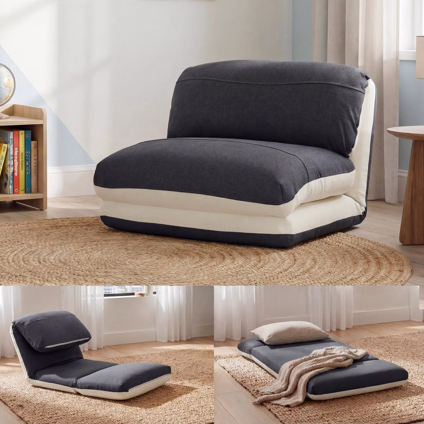 Poltrona letto HWC-E68, divano letto funzionale poltrona pieghevole reclinabile, tessuto/tessuto ~ crema/nero