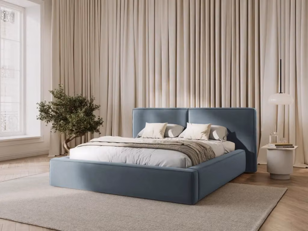 Letto con cassettone e testiera doppia Arendal di Cosmopolitan Design in velluto azzurro L/P/H: 140 x 200 x 104 cm – 2