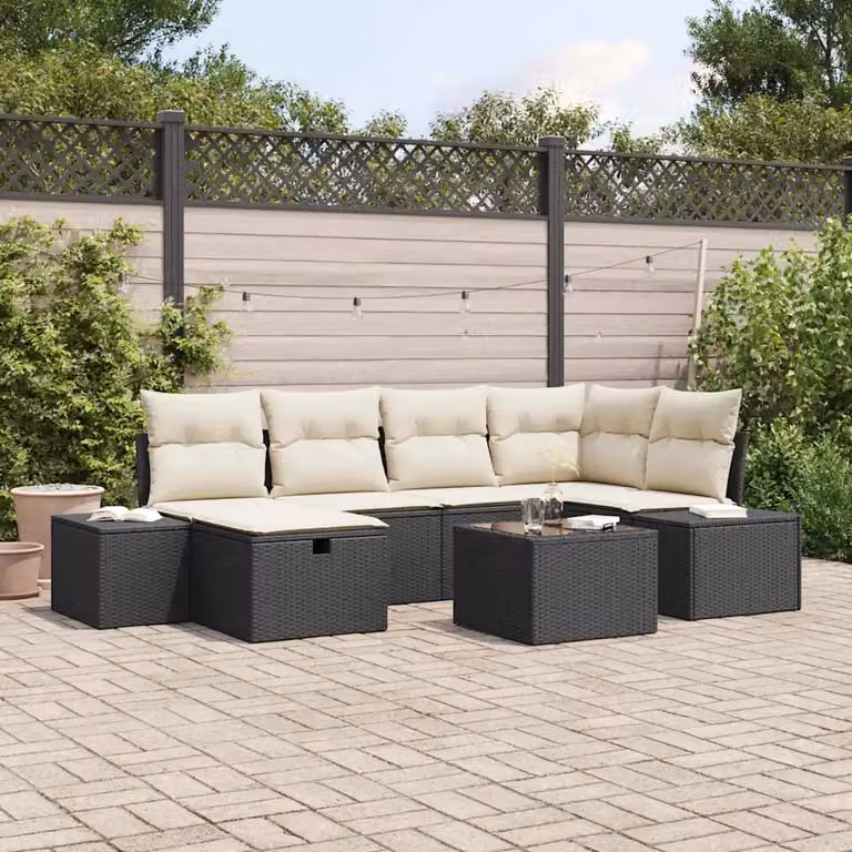 Set di divani da giardino vidaXL in rattan nero con 7 pezzi, compresi cuscini e tavolino, design moderno a forma di L con struttura in metallo e coperture rimovibili
