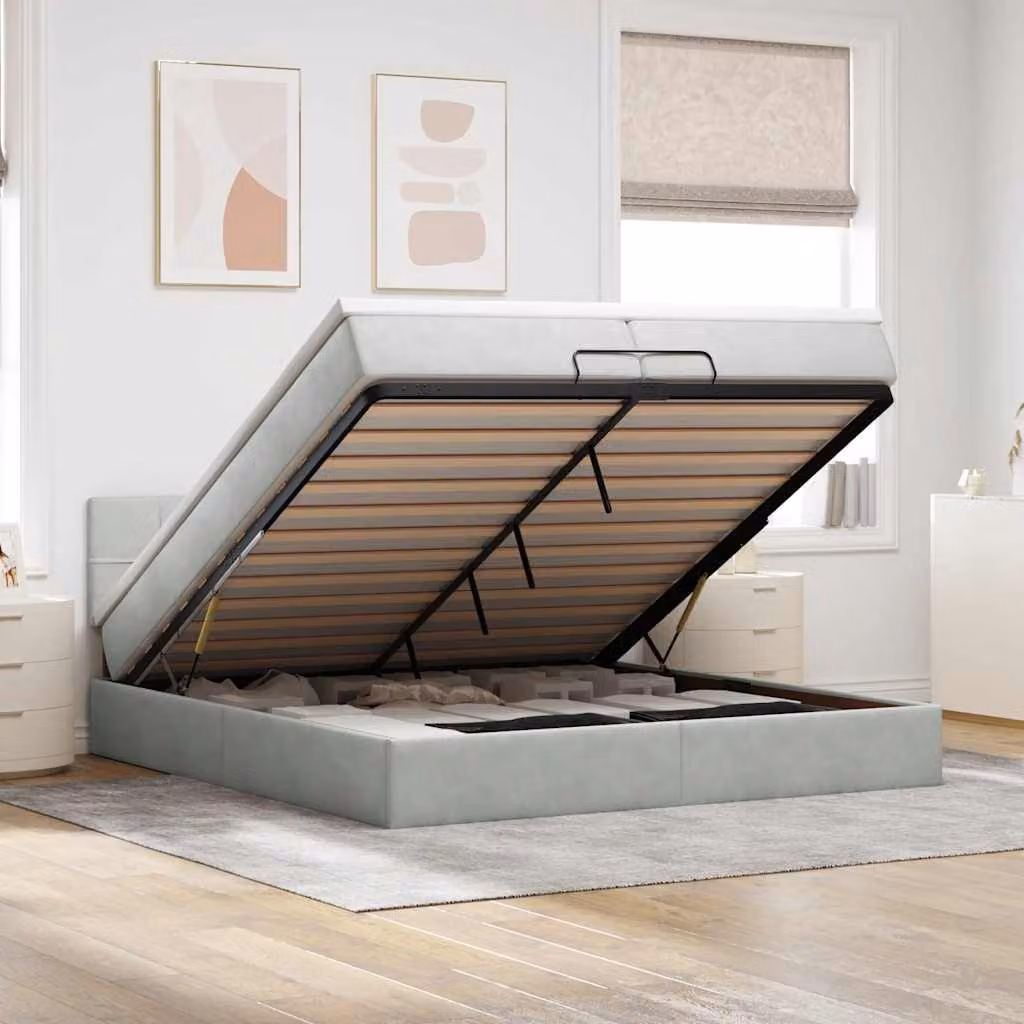 Letto con contenitore a sollevamento vidaXL in velluto con luci LED e porte USB, L 200 x P 200 x H 280 cm, Grigio e Bianco
