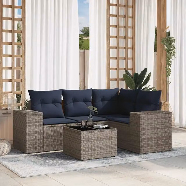 Set Divani da Giardino 5 pz con Cuscini Grigio in Polyrattan 3222520