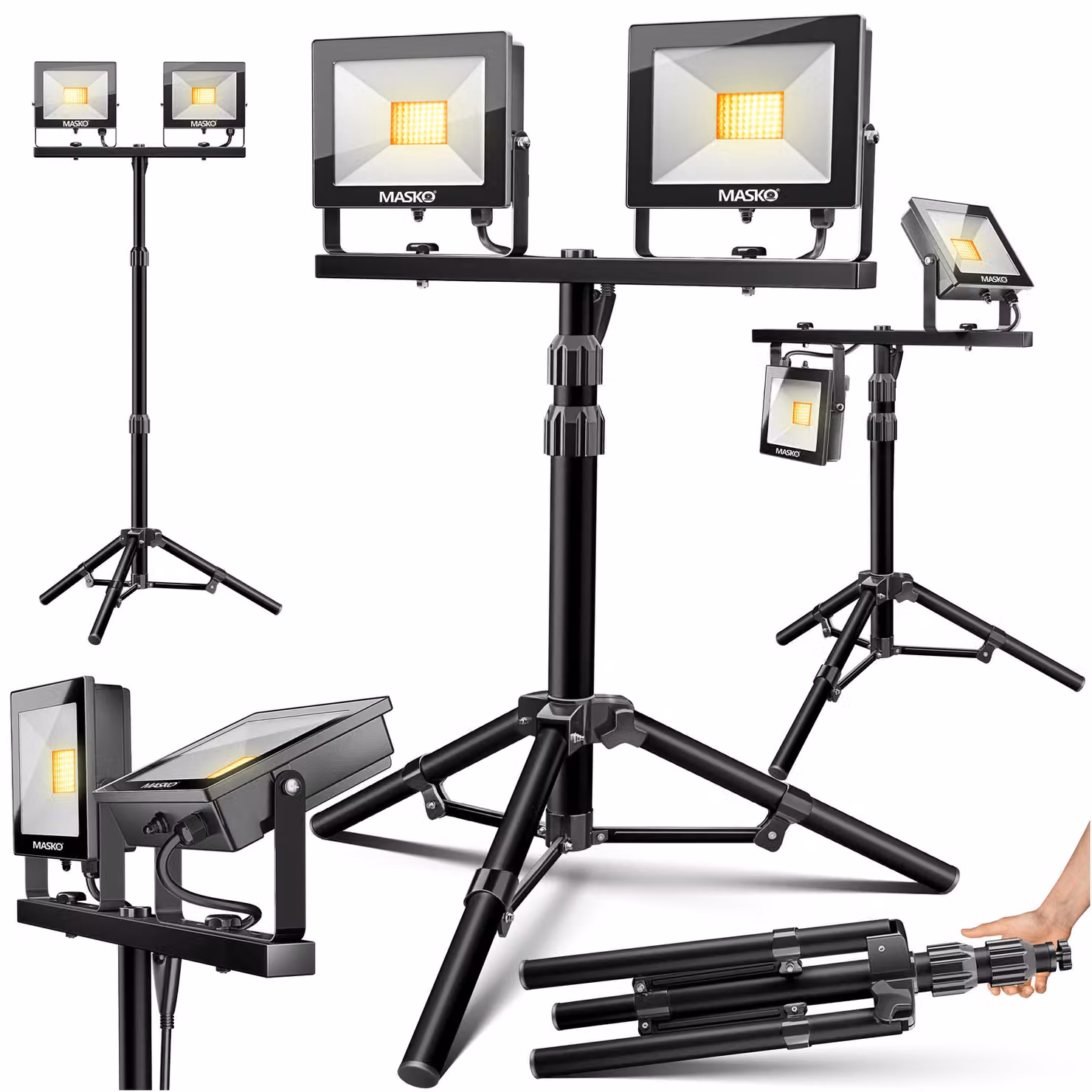 MASKO® Faretto da cantiere a LED con telecomando a treppiede 100W doppio 2x 50W faretto 6500K luce da lavoro luce da lavoro 5m faretto da cantiere lampada da interno esterno altezza regolabile fino a max. 202cm