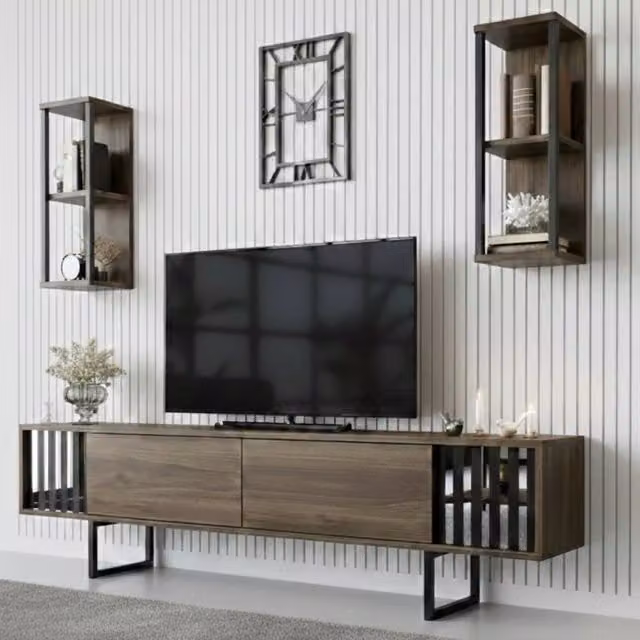 Mobile porta TV DMORA, Credenza moderna per soggiorno in legno e metallo, L: 180 cm, P: 30 cm, H: 48 cm, Noce e Nero