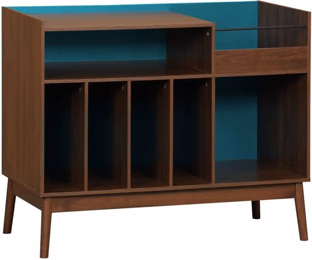 Mobile vintage per vinili Sweeek in legno e metallo bicolore blu, stile scandinavo, L: 100 cm, P: 40 cm, H: 81,5 cm