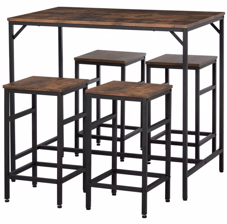 Set Tavolo Alto 100x60x88 cm e 4 Sgabelli in Metallo e Truciolare Marrone