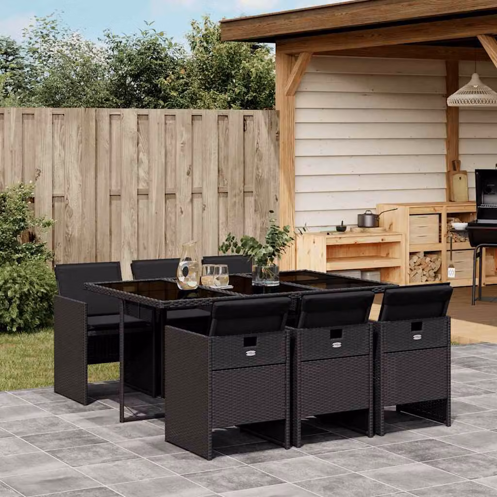 Set da pranzo da giardino vidaXL in polyrattan nero con cuscini e tavolo in vetro per 7 persone – 1