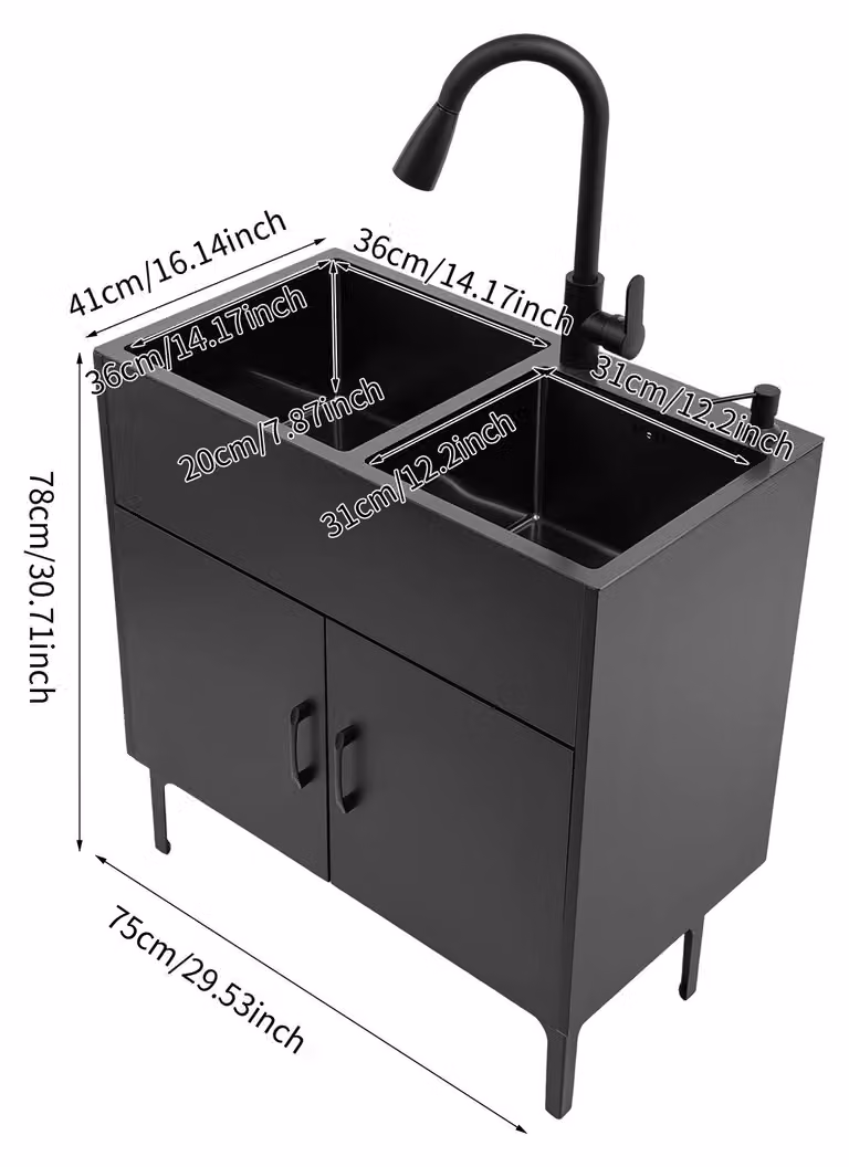 Mobiletto lavello - Doppia vasca indipendente, dimensioni 75x41 cm - Acciaio inossidabile 201 - Miscelatore estraibile, lunghezza 30 cm - Cesto raccogli-scarti e dispenser per sapone - Colore nero