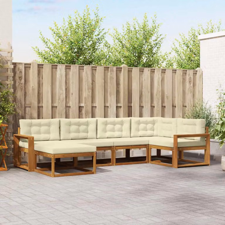 vidaXL Set di divani da esterno a L composto da 6 pezzi in legno di acacia con cuscini beige e bianco