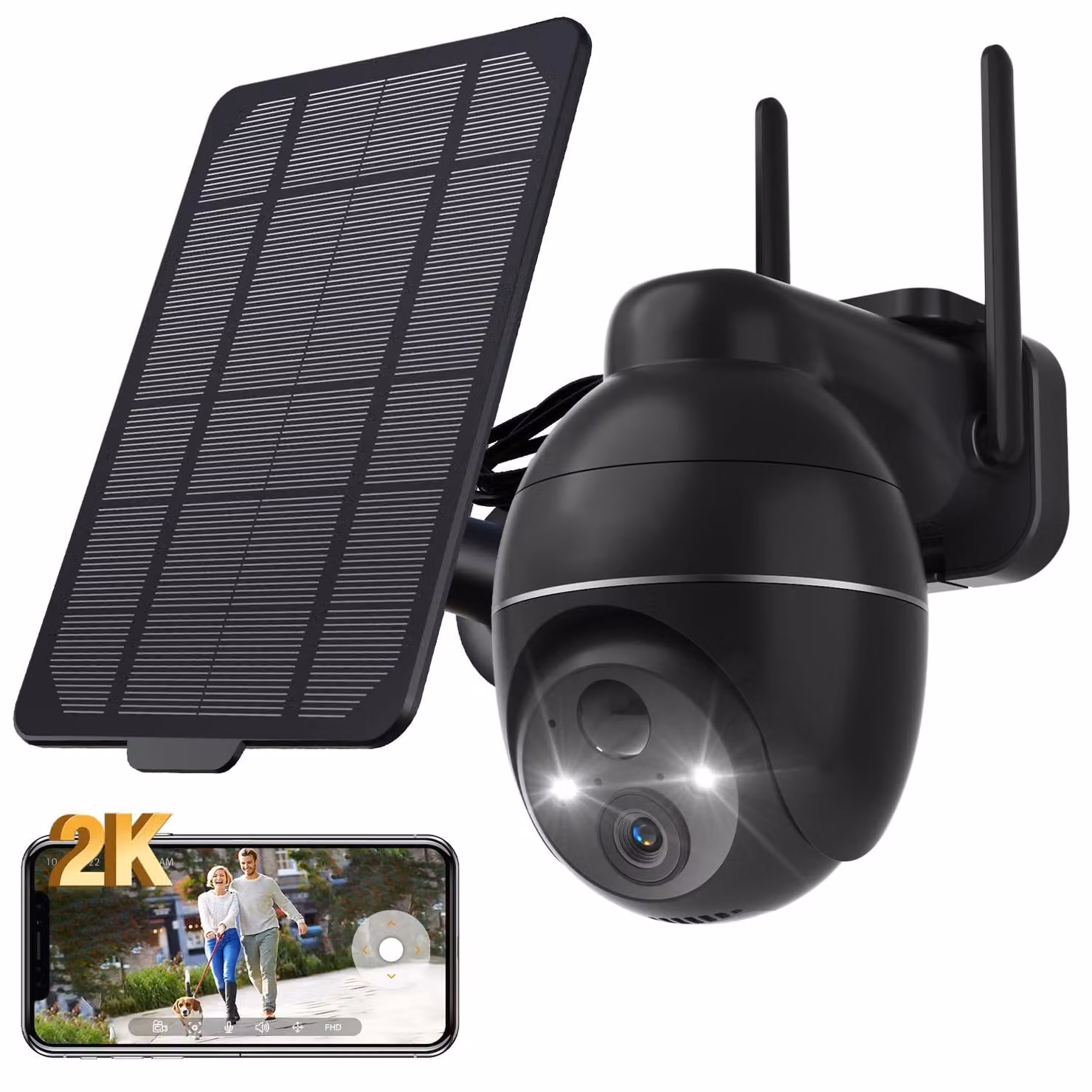 Telecamera di sicurezza per esterni, wireless, risoluzione 2K QHD, alimentata a energia solare, rotazione a 360 gradi, visione notturna a colori