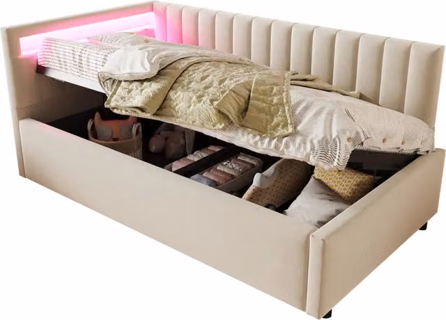 Letto a Divanetto con Contenitore e Illuminazione LED in Velluto Beige L/P: 90 x 200 cm – 1