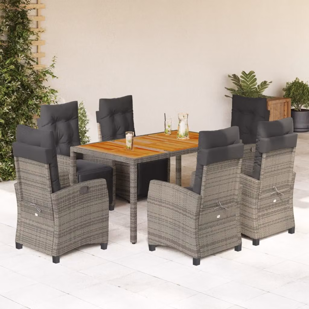 Set da pranzo da giardino vidaXL in polyrattan e legno di acacia grigio con 7 pezzi