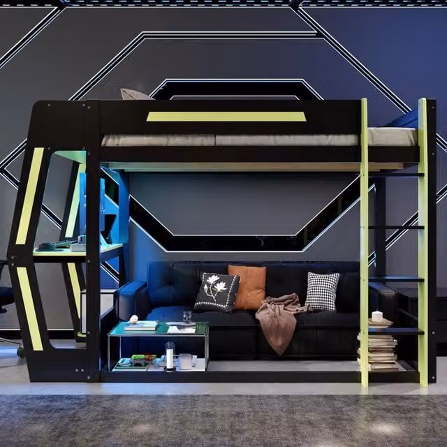 Letto a soppalco 120 × 200 cm 1 posto con scrivania, vano PC e LED, senza materasso, nero e verde, in legno e MDF