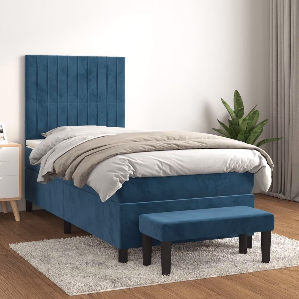The Living Store Letto a molle con materasso blu scuro 90x190 cm in velluto