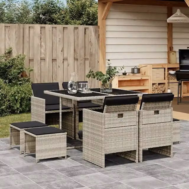 Set Pranzo da Giardino 9pz con Cuscini Grigio Chiaro Polyrattan 3210599