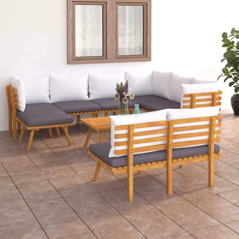 Set Divani da Giardino vidaXL 9 Pezzi in Legno di Acacia con Cuscini e Tavolino, Composizione a U per Esterno in Stile Rustico, Marrone, Grigio e Bianco