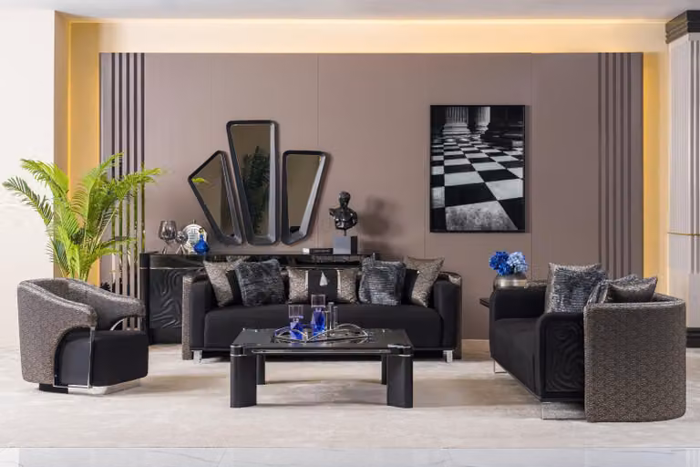 Sofagarnitur 3+3+1 Sitzer Wohnzimmer Set Komplett Textil Sofa Sessel Holz