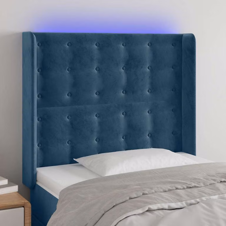Testiera per letto vidaXL in velluto blu con illuminazione LED e porta di ricarica USB, L 103 cm, P 16 cm, H 118-128 cm