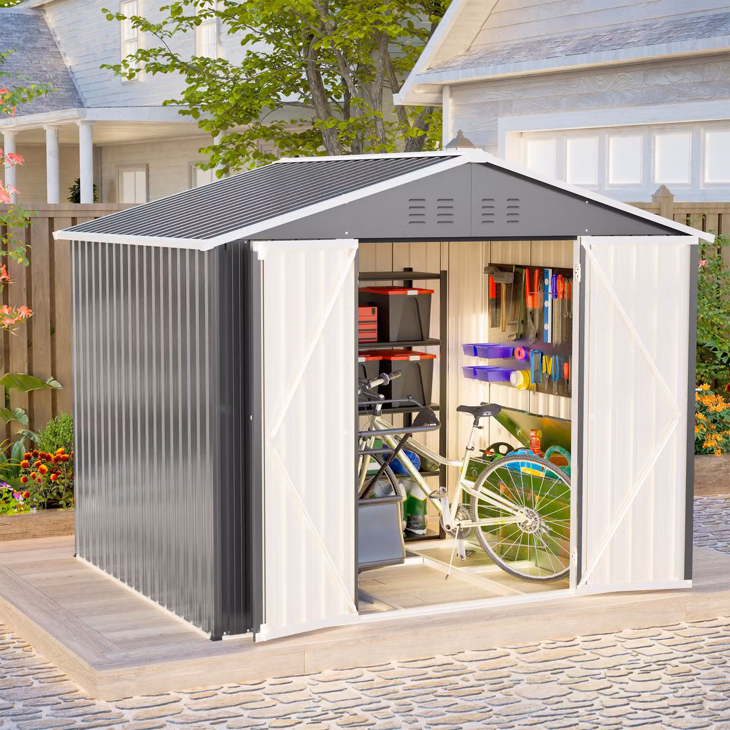 Capanno per attrezzi in metallo, stabile e resistente, color antracite, dimensioni 8x6 piedi, dotato di una comoda porta a battente. Ideale come deposito per utensili da giardino e attrezzature