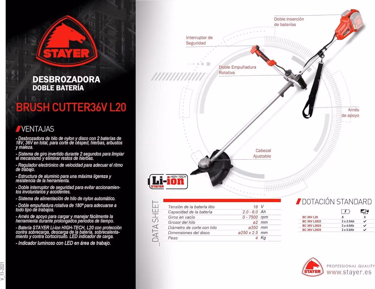 Tagliasiepi a batteria da 36 V con motore brushless, modello Brush-Cutter 36 V L2022, contenuto: 2 batterie da 2 Ah + caricabatterie.