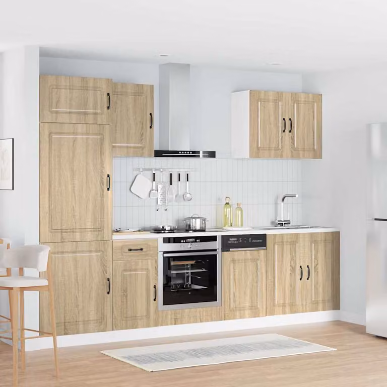 Set di mobili da cucina vidaXL Kalmar composto da 7 pezzi in truciolato e MDF, colore marrone Rovere Sonoma, design moderno con ante a cerniera e cassetti, L/P/H: 207 x 60 x 57 cm