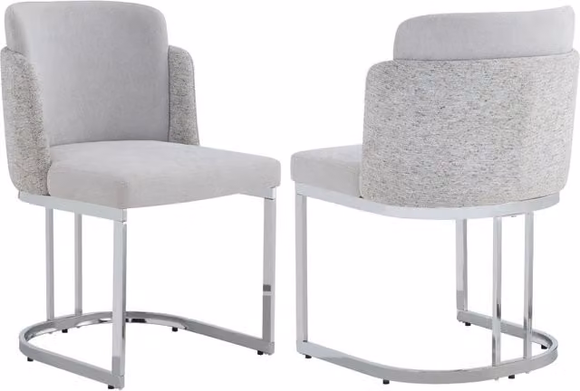 Coppia di sedie da pranzo in tessuto chenille grigio chiaro con gambe in metallo galvanizzato argentato