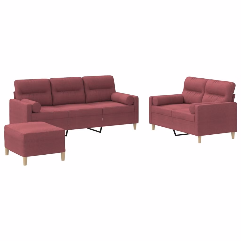 Set di Divani 3 pz con Cuscini Rosso Vino in Tessuto