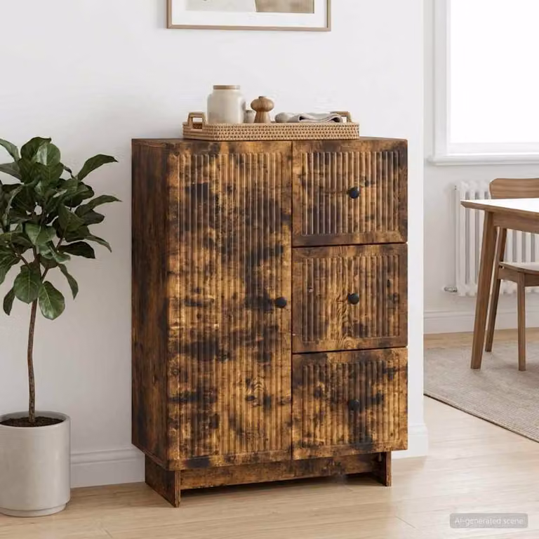 Credenza moderna vidaXL in legno ingegnerizzato e metallo, colore Rovere Fumo, L: 66 cm, P: 34,5 cm, H: 90 cm