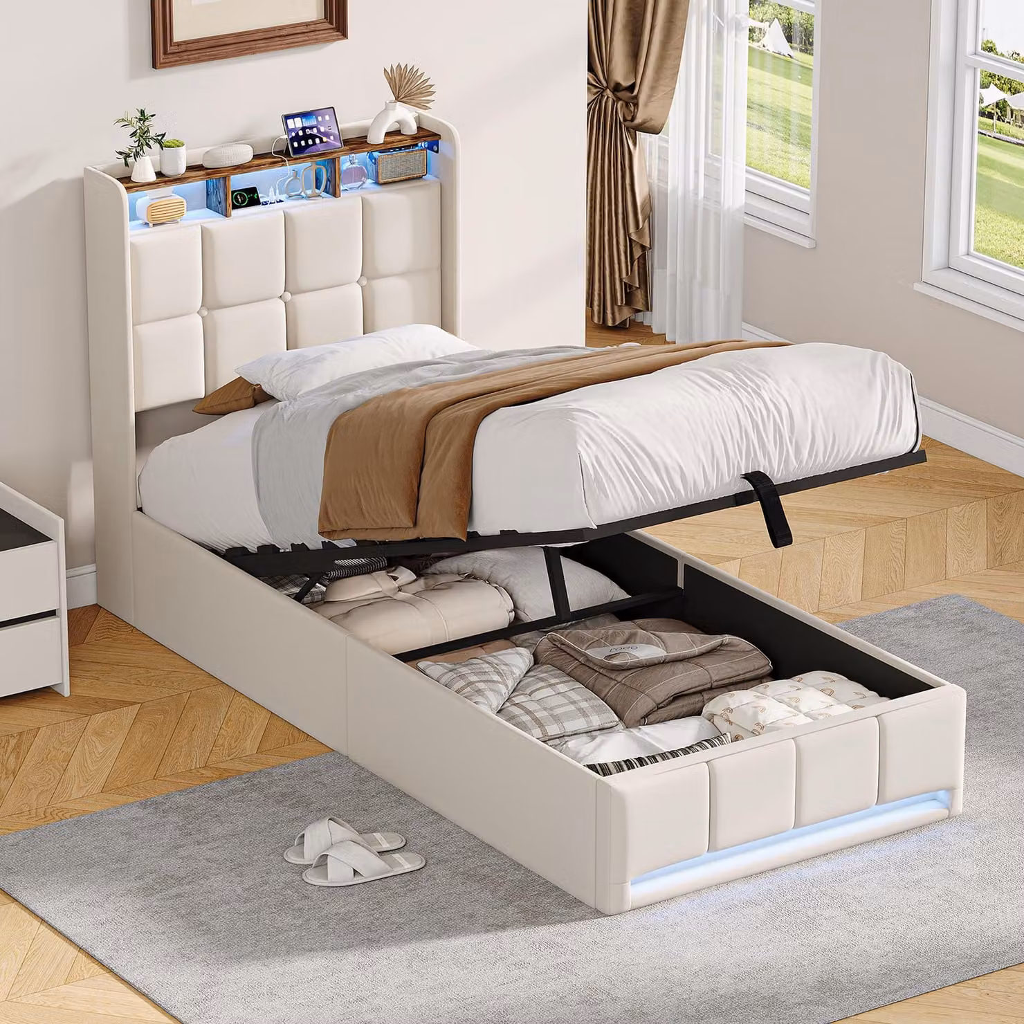 Letto imbottito ProximaX 90x200 cm in lino beige, letto a sollevamento idraulico con vano portaoggetti, illuminazione a LED RGB, stazione di ricarica USB, rete a doghe, mobile moderno per camera da letto