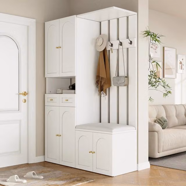 Set di mobili da ingresso con panca scarpiera e appendiabiti 6 ante 2 cassetti 4 ganci bianco 110 × 37 × 180 cm