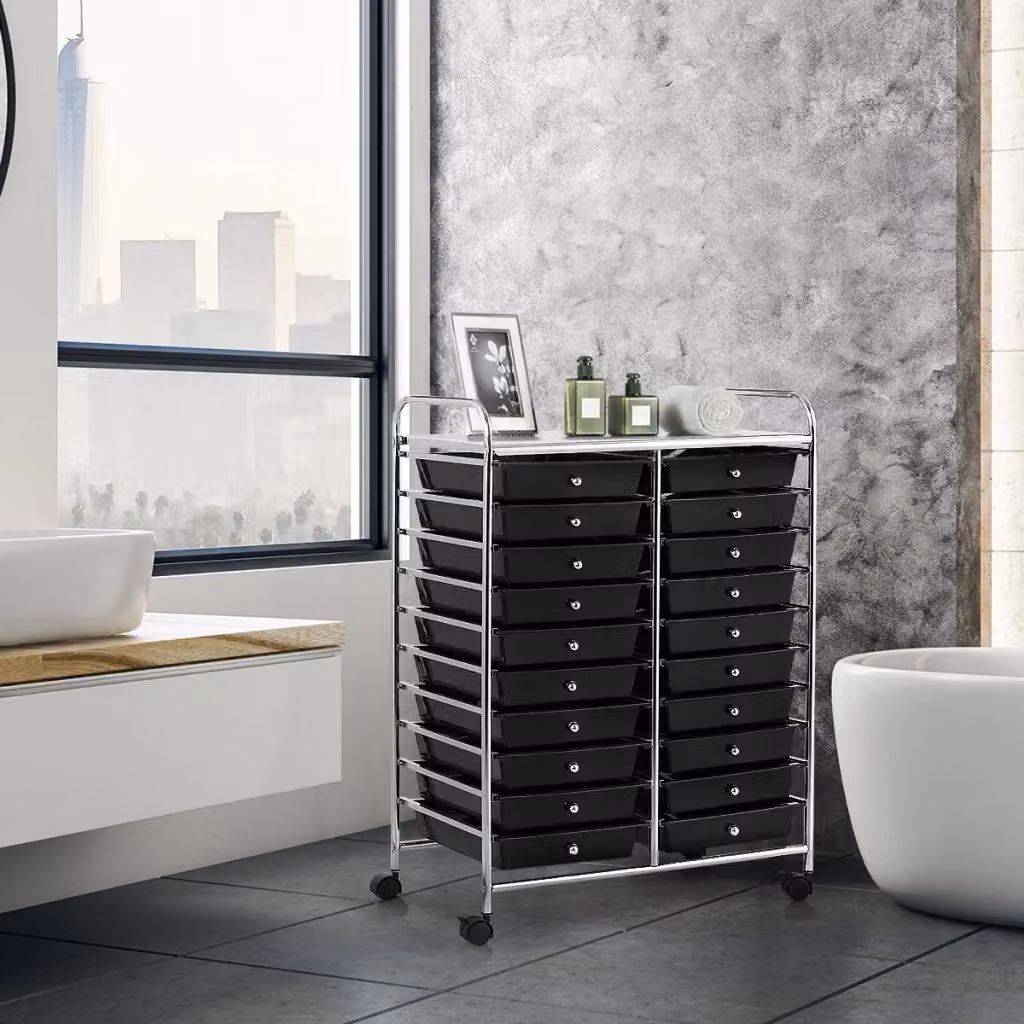Carrello cassettiera multiuso con 20 cassetti in metallo nero opaco con ruote per ufficio e casa – 2