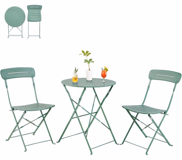 Set da bistrot composto da 3 elementi: 2 sedie pieghevoli e un tavolo rotondo, resistente alle intemperie, colore verde