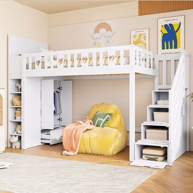 Letto a Soppalco MINIMAL Bianco con Contenitore, Scaffali e Scala per Cameretta Bambini L/P: 90 x 200 cm