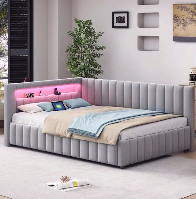 Divano Letto Imbottito in Velluto 140x200 cm con LED, Porta USB, Schienale e Testiera Grigio