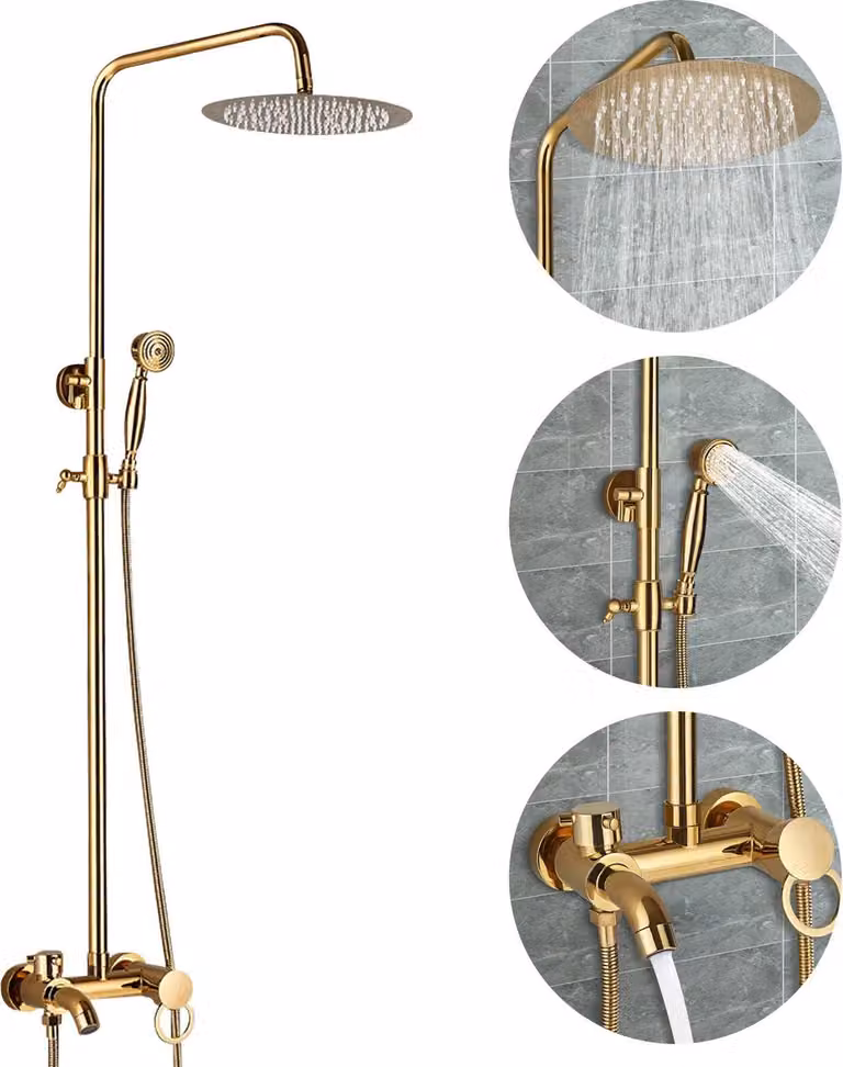 Sistema doccia - Set doccia a pioggia - 3 vie, ottone, soffione rotondo da 20 cm - oro