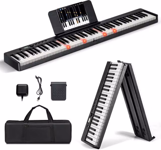 Tastiera Elettronica 88 Tasti Semi-Pesati Illuminati, Pianoforte Digitale Pieghevole Portatile con Custodia, Sustain Pedali, Modalità di Insegnamento, MP3/USB/MIDI/Bluetooth (Nero)