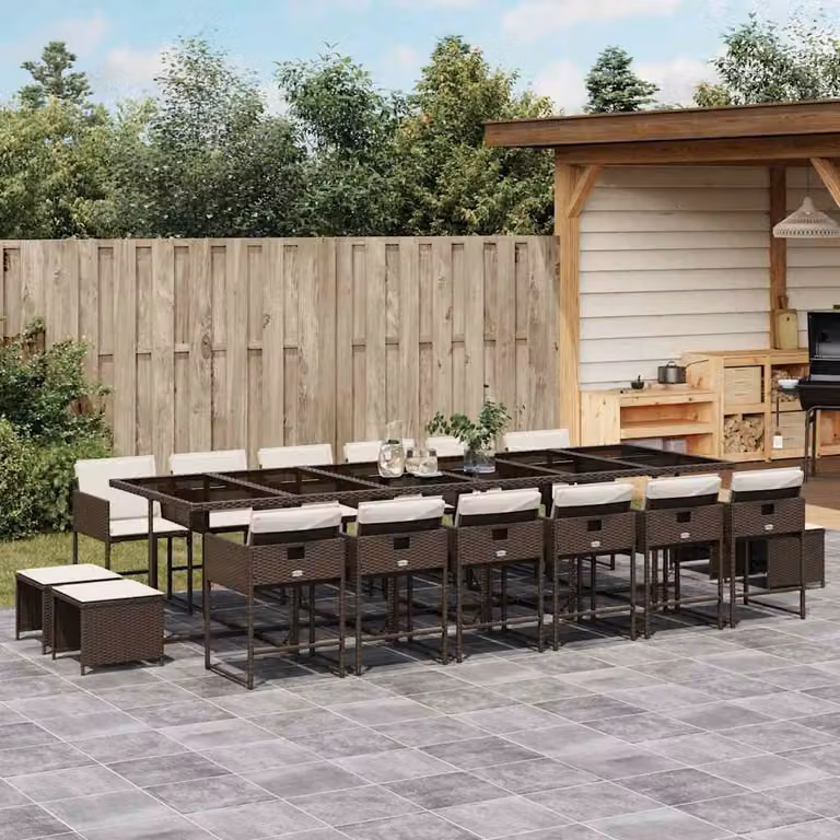vidaXL Set da Pranzo da Giardino 17 pz in Polyrattan Marrone con Piano in Vetro e Cuscini