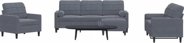 Set di divani moderno vidaXL in velluto grigio composto da 2 divani a 3 posti, 1 divano a 2 posti e 1 pouf con cuscini coordinati