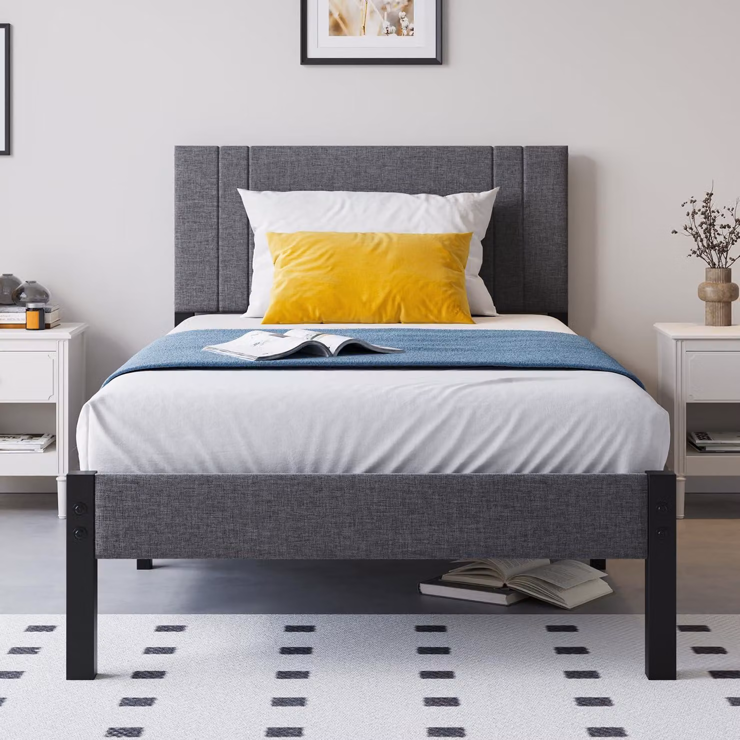 Struttura letto singola in metallo con testiera, dimensioni 90x190 cm, colore grigio