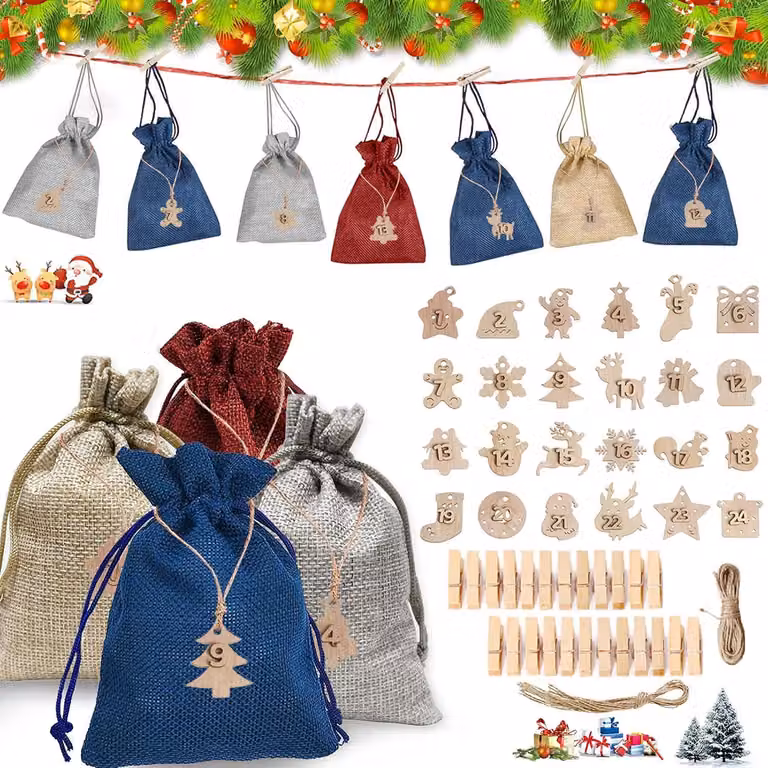 Calendario dell'Avvento da riempire, Natale fai da te, 24 sacchetti, cartellini numerici in legno, sacchetti regalo