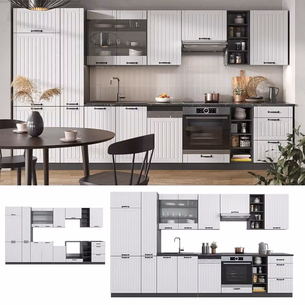 Cucina componibile Fame-Line Vicco in stile country house, Bianco rustico e Antracite con piano in Rovere, L: 355 cm – 2