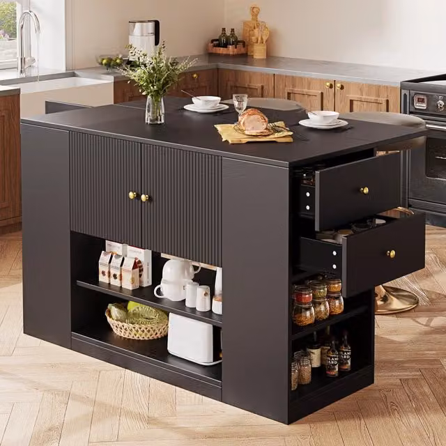 Isola da cucina con piano ribaltabile, 2 ante, cassetti e ripiani regolabili, nera in MDF per cucina, 140 × 40 × 90 cm