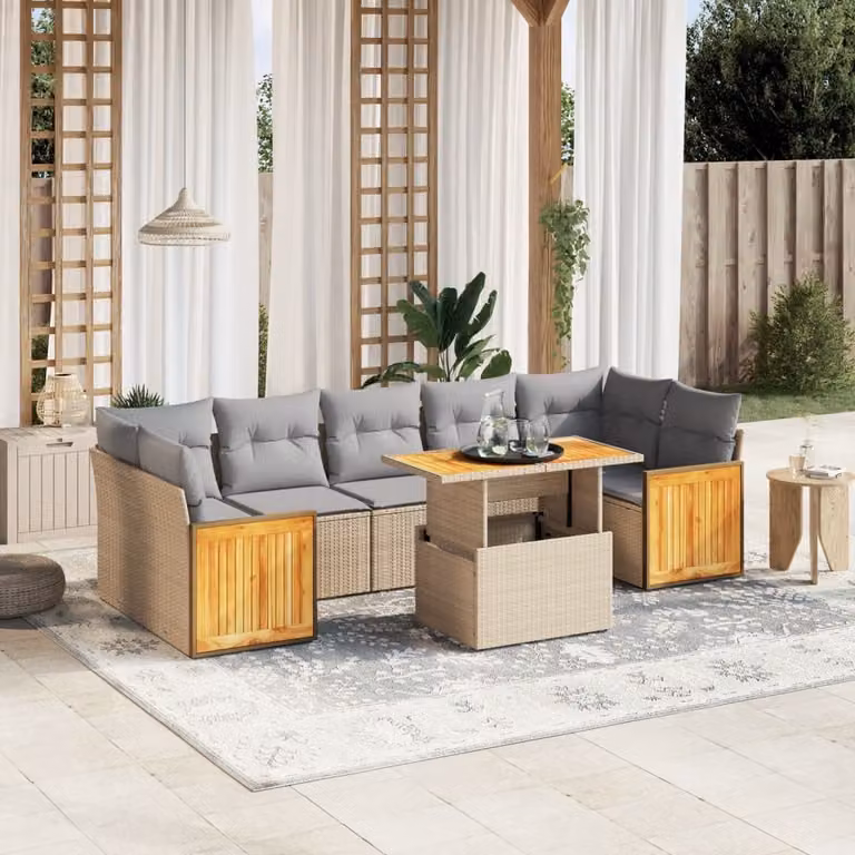 Set Divano da Giardino 8 pz vidaXL con Cuscini Beige e Tavolino da Caffè in Polyrattan e Legno di Acacia