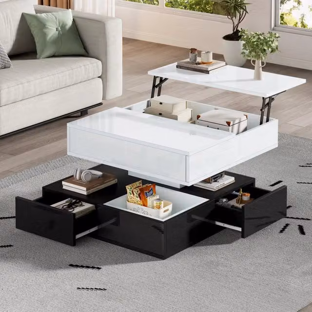 Tavolino da salotto ULEVR 70x70 cm con piano girevole e sollevabile, 3 cassetti e vani contenitore, bianco e nero