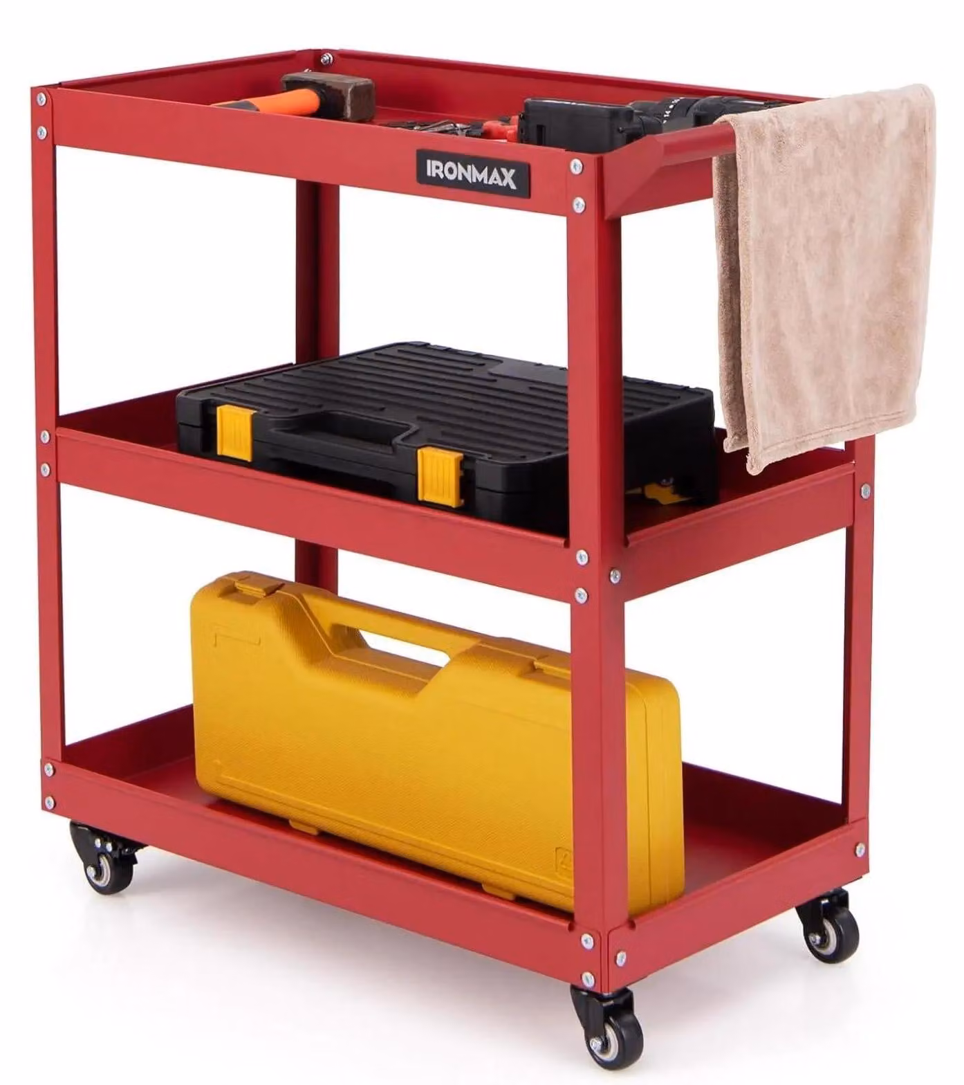 Carrello portautensili - Carrello da officina a 3 ripiani - 4 ruote piroettanti e maniglia - Metallo - Portata 120 kg - Rosso