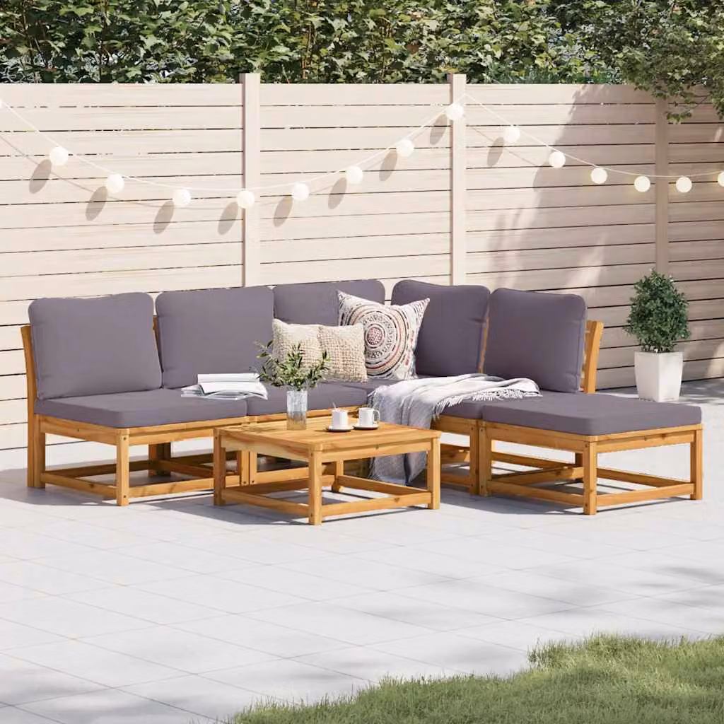Set Salotto da Giardino vidaXL 6 pz in Legno di Acacia con Cuscini, Design Moderno a L, Marrone e Grigio