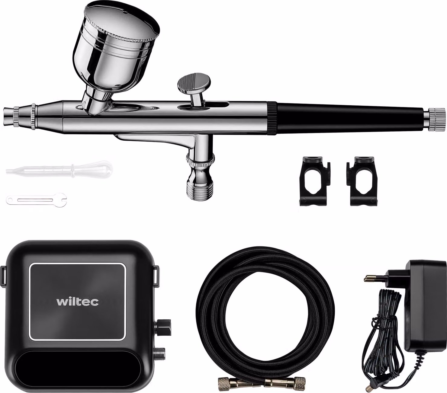 Wiltec HS-A10K Set di accessori per compressore 2,8 bar, set di aerografi 12 V, pistola per aerografo con ugello da 0,3 mm, compressore d'aria con pennello d'aria