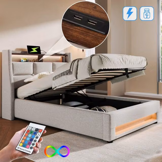 Letto Singolo 90x200 Imbottito in Lino Beige Chiaro con Luci LED e Prese USB Integrate